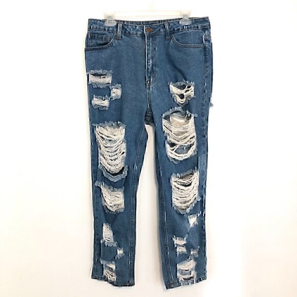 FASHION NOVA Get Ready Distressed Boyfriend Jeans Ripped High Waisted 13 W31 31" - Picture 2 of 12